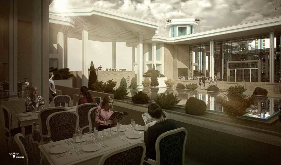 رستوران های نوای کویر ( شاه نشین - شیشه های سرتاسری اسپایدر رنگی - حوض بزرگ با نماد طرح زیلوی یزد - بادگیرهای موسیقیایی آن ) طراحی شده توسط استودیو معماری دیدآ