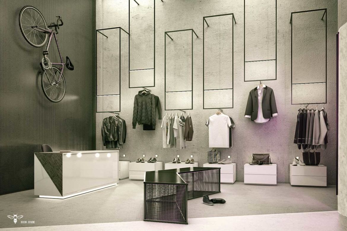 دکور مغازه پوشاک مدرن با نورپردازی خطی جهت رگال ها و ایجاد ویترین داخلی (‌استودیو معماری دیدآ )