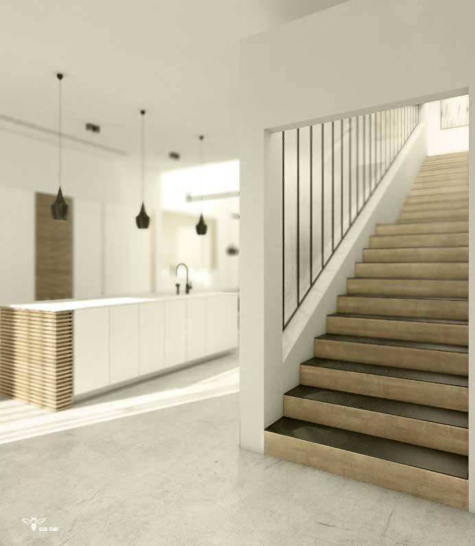 دکوراسیون داخلی و هارمونی فضای راه پله با فرم کابینت آشپزخانه مدرن طراحی شده توسط استودیو معماری دیدآ
