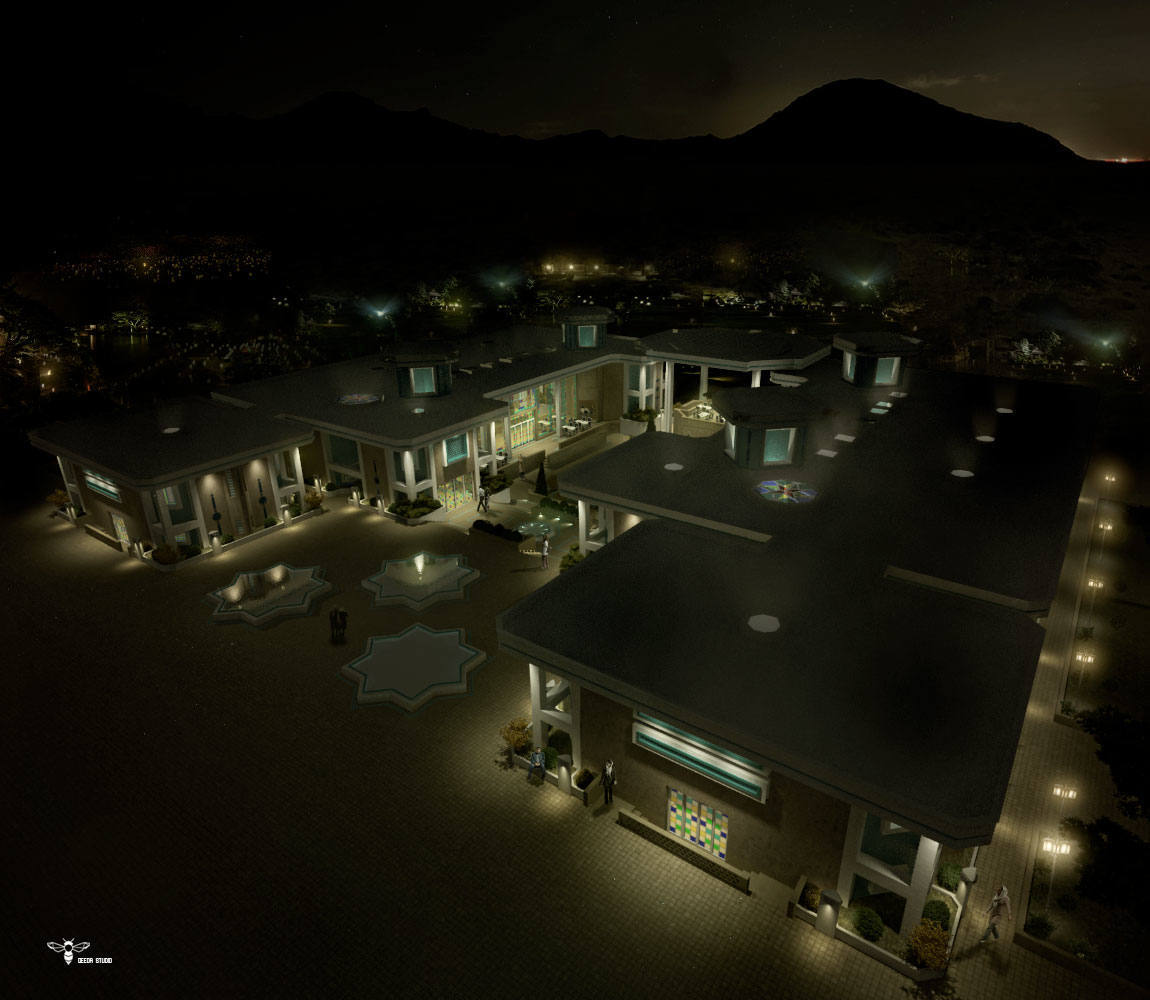 نمای دید پرنده رستوران نوای کویر در شب و تاکید بر نورپردازی خاص آن توسط استودیو معماری دیدآ