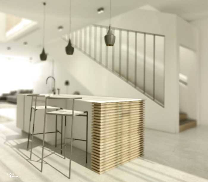 نمایی از کابینت آشپزخانه و راه پله ی فوق مدرن که توسط استودیو معماری دیدآ طراحی شده است